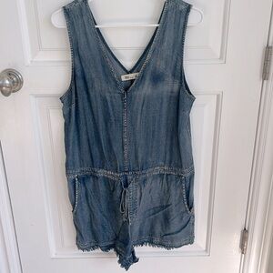 Lightweight Raw Hem Denim romper drawstring waist w pockets in front and back